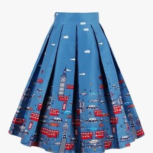 London Skyline Print Circle Skirt Blue Red‎ Retro A-Line Size XL